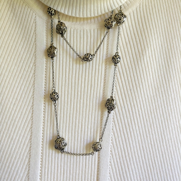 Necklace Silver Long  Statement Chain Bauble Ball Vintage - Picture 4 of 11